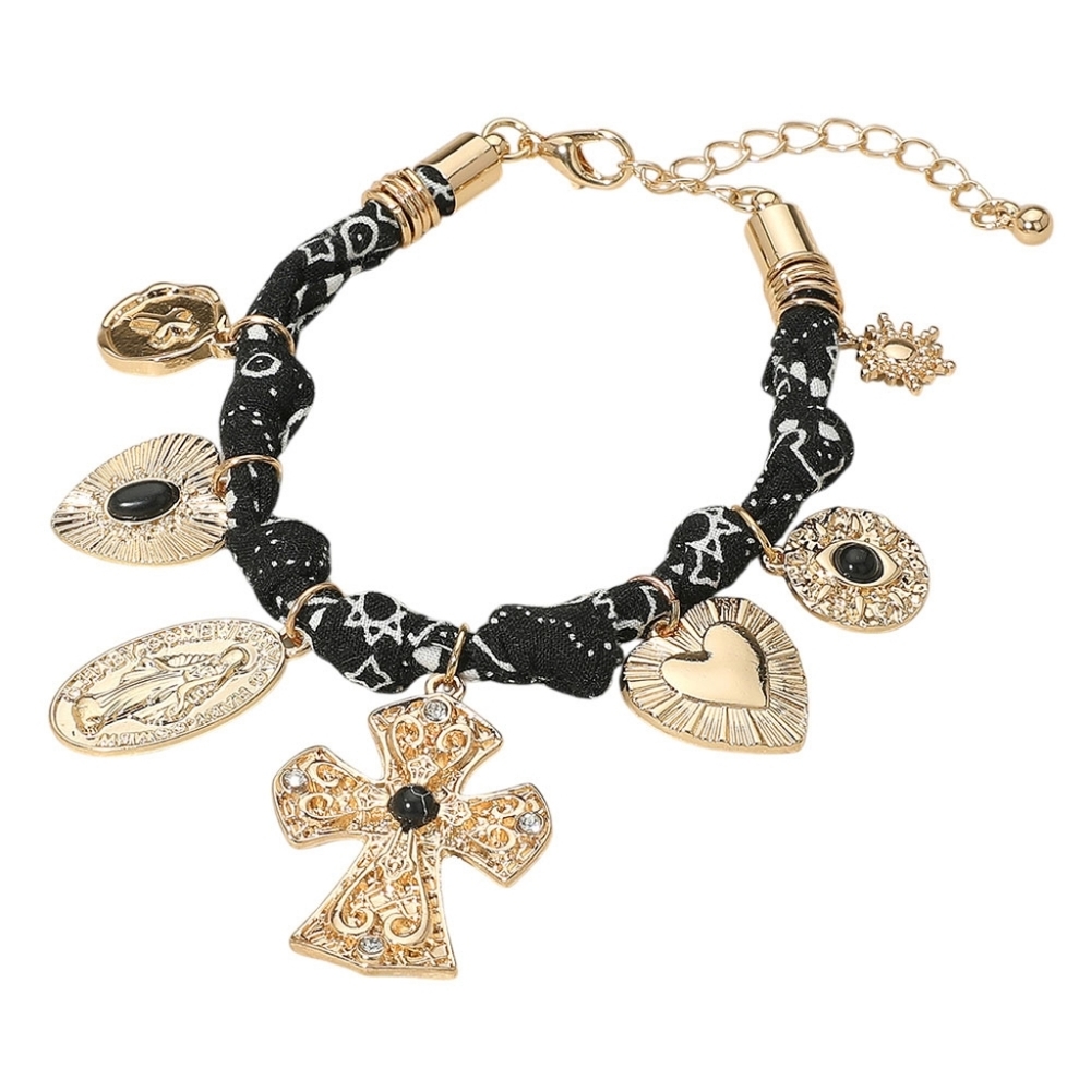 Eclectic Charm Bracelet – Cross, Heart, Religious Medallions on Pattern Fabric